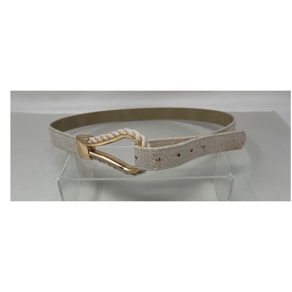 Womens Canvas Belt 46 Inch Nautical Rope Buckle Beige Gold Excellent Condition